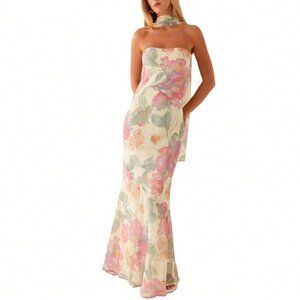 Pink Elegant Women's Floral Strapless Dress Y2k Backless Sleeveless Tube